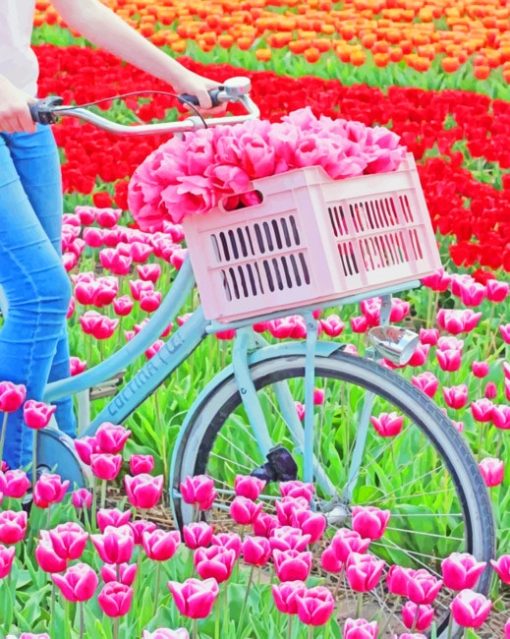 Bike In Tulips Field Diamond Painting