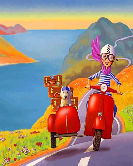 Girl And Dog On Motorcycle Diamond Painting