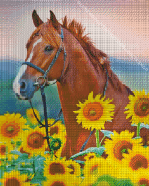 Brown Horse in Sunflower Field Diamond Painting