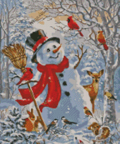 Cheerful Snowman With Animals Diamond Painting