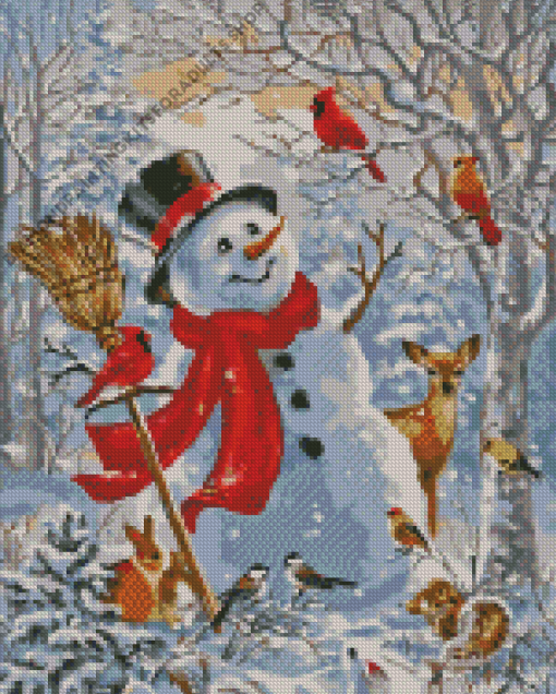 Cheerful Snowman With Animals Diamond Painting