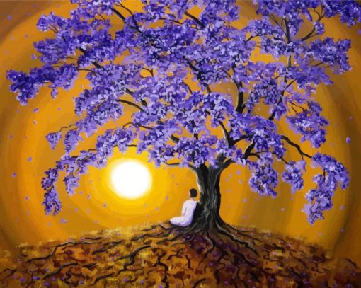 Lonely Woman Under Jacaranda Tree Diamond Painting