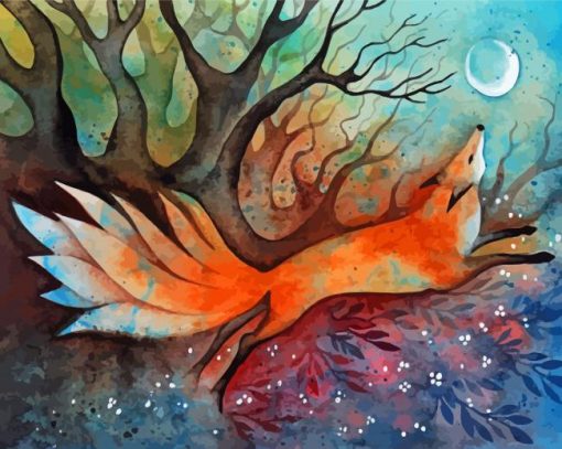 Nine Tailed Fox Watercolor Diamond Painting