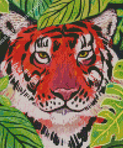 Bengal Tiger Behind Large Leaves Diamond Painting