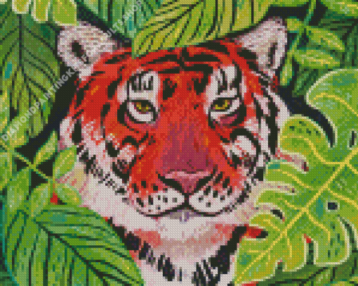 Bengal Tiger Behind Large Leaves Diamond Painting