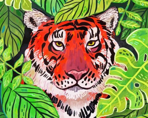 Bengal Tiger Behind Large Leaves Diamond Painting