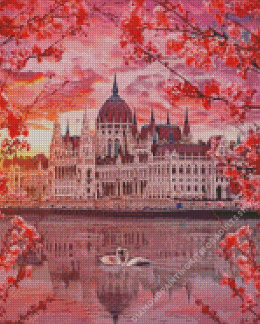 Budapest Parliament Building With Blossoms Diamond Painting