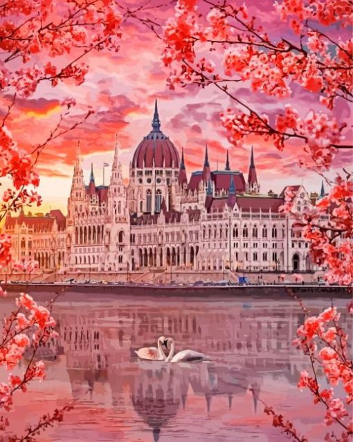 Budapest Parliament Building With Blossoms Diamond Painting