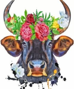 Bull With Flowers On Head Art Diamond Painting