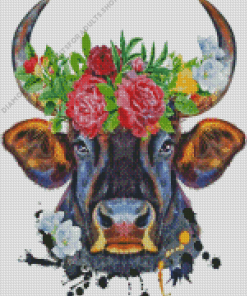 Bull With Flowers On Head Art Diamond Painting