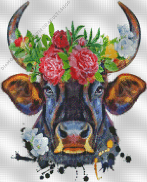 Bull With Flowers On Head Art Diamond Painting