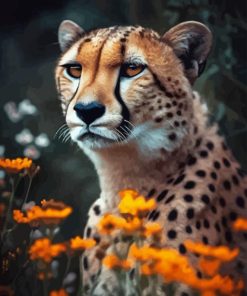 Cheetah With Orange Flowers Diamond Painting