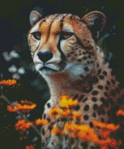 Cheetah With Orange Flowers Diamond Painting