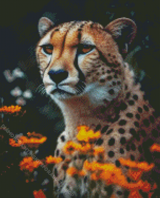 Cheetah With Orange Flowers Diamond Painting