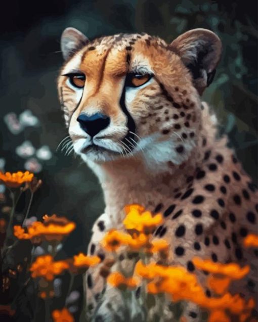 Cheetah With Orange Flowers Diamond Painting