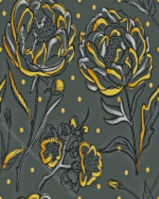 Grey And Golden Flowers Diamond Painting