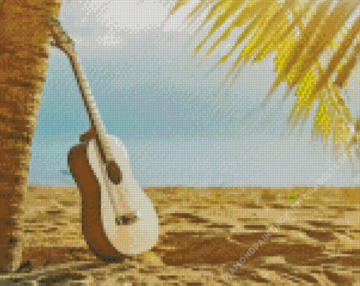 Guitar on Beach Palm Tree Diamond Painting