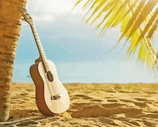 Guitar on Beach Palm Tree Diamond Painting