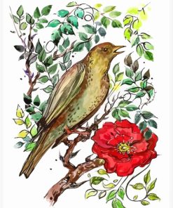 Nightingale With Red Flower Art Diamond Painting