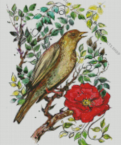 Nightingale With Red Flower Art Diamond Painting