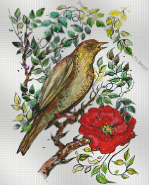 Nightingale With Red Flower Art Diamond Painting