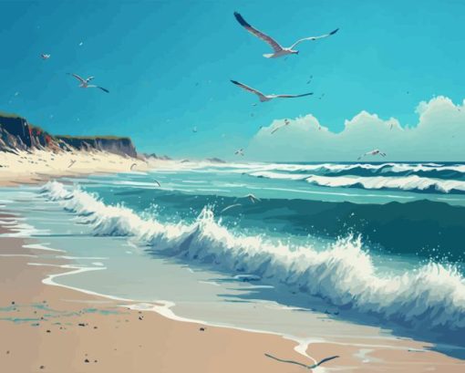 Ocean Beach With Flying Birds Diamond Painting