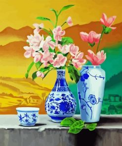 Pink Flowers Blue And White Chinese Vase Diamond Painting