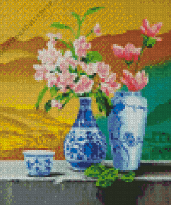 Pink Flowers Blue And White Chinese Vase Diamond Painting