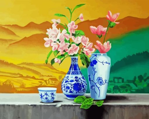 Pink Flowers Blue And White Chinese Vase Diamond Painting