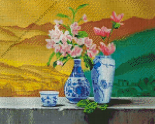 Pink Flowers Blue And White Chinese Vase Diamond Painting