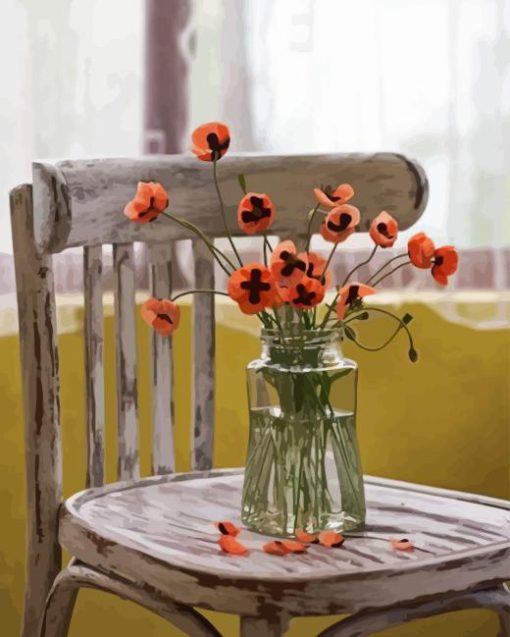 Poppies In Vase On Vintage Chair Diamond Painting