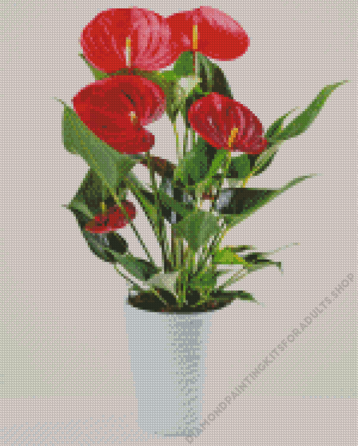 Red Flamingo Flower In Pot Diamond Painting