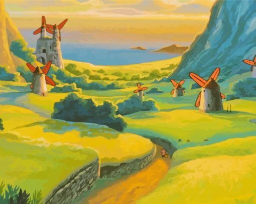 Windmills Ghibli Landscape Diamond Painting