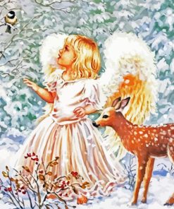 Angel And Deer In Snow Diamond Painting