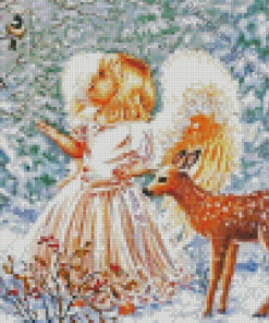 Angel And Deer In Snow Diamond Painting