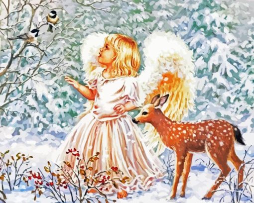 Angel And Deer In Snow Diamond Painting