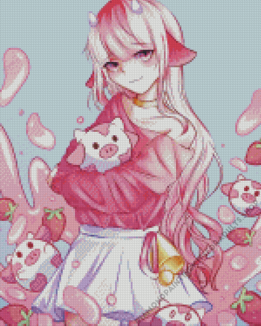 Anime Girl With Strawberry Cow Diamond Painting