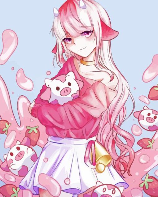 Anime Girl With Strawberry Cow Diamond Painting