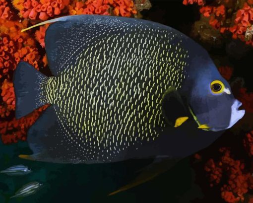 Black Angelfish With Orange Flowers Diamond Painting