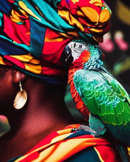 Colorful African Woman And Parrots Diamond Painting