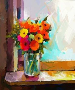 Colorful Flowers In Vase By Window Diamond Painting