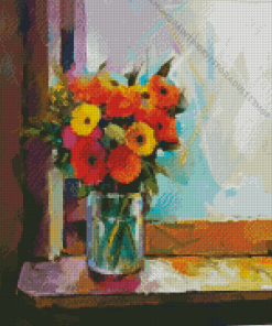 Colorful Flowers In Vase By Window Diamond Painting