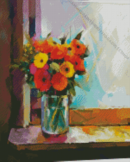 Colorful Flowers In Vase By Window Diamond Painting