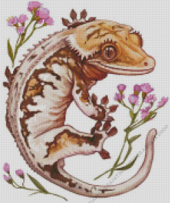 Lilly White Crested Gecko And Flowers Diamond Painting