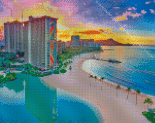 Waikiki Beach Buildings View Diamond Painting