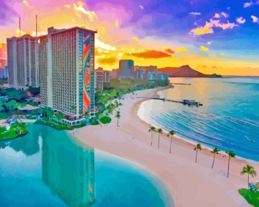 Waikiki Beach Buildings View Diamond Painting