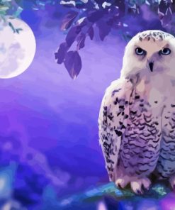 White Owl In Purple Sky With Moon Diamond Painting