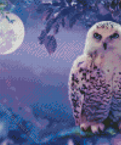 White Owl In Purple Sky With Moon Diamond Painting