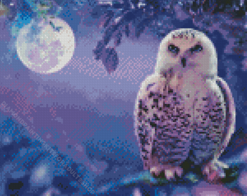 White Owl In Purple Sky With Moon Diamond Painting