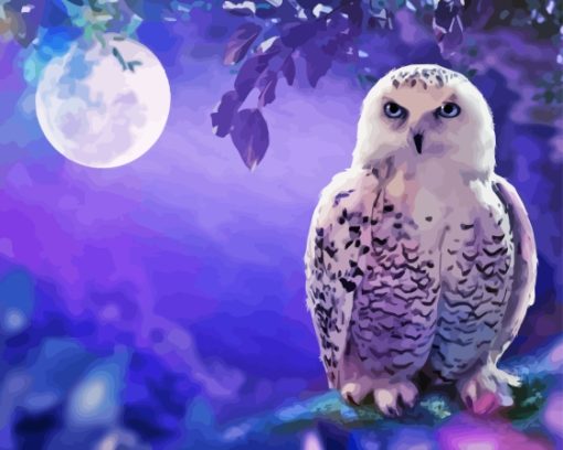 White Owl In Purple Sky With Moon Diamond Painting